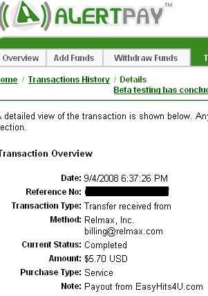 My 4th Payout - It&#039;s a screen shot of my payment from EasyHits4U traffic exchange.