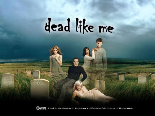 Dead Like Me Poster - A promo poster for the Showtime television series Dead Like Me. Leaning around the tombstone are main characters George, Rube, Daisy, Roxy, and Mason from left to right.