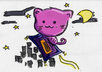 Kitten Flying on a Magic Carpet - Just a random doodle that I did when I was taking a test. I colored it using adobe. Well, the coloring is kinda awful but hey~ hahaah! at least it's colored. :D Kitten flying on a magic carpet, I didn't know what to draw so I just made it random. Is it cute enough? The only violet cat I remembered was the one from disney or something.