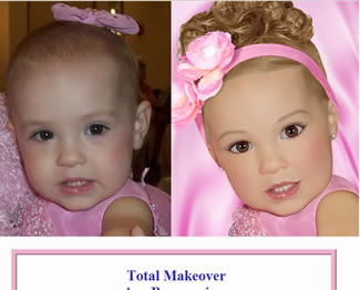baby beauty pageant - Picture of a before and after baby; the first is the baby all done up with makeup and hair extensions.