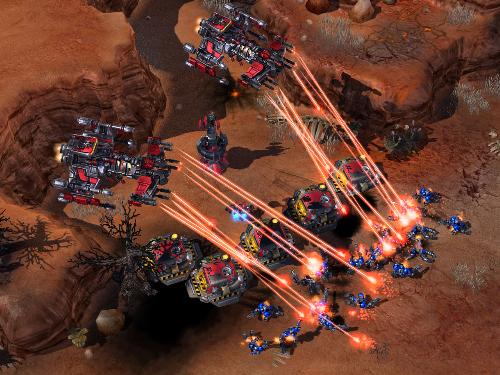 Starcraft II  - Terran Battlecruisers battling Terran Marines over desert mapping.