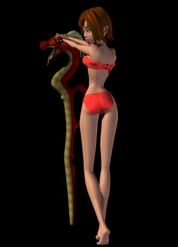 Snake Staff - A slinky-looking cartoon 3d girl leaning on a snake staff.
