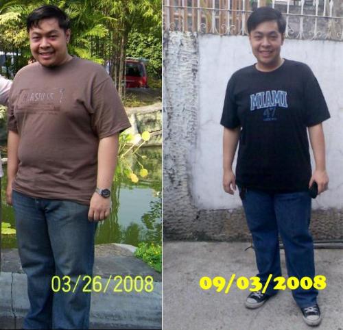My before and after pic =) - I've lost 57 lbs at that time and lost 12 inches off my waist. =) I still need to shave of 25 lbs more and I'll be at my desired and healthy weight. Keep yourself motivated and stay healthy!