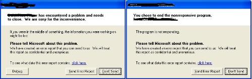 Common error screens - "..... has encountered a problem and needs to close....." or "The program is not responding. ... end now..."