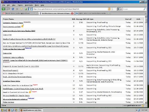 Copywriting jobs in GetaFreelancer - This is a screenshot of the writing jobs available in GetaFreelancer. As of right now there 393 available freelance jobs for writers like you.