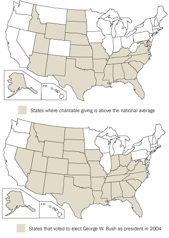 Charitable giving by state - This state shows that states which vote conservative are the same states where more money is given to charity