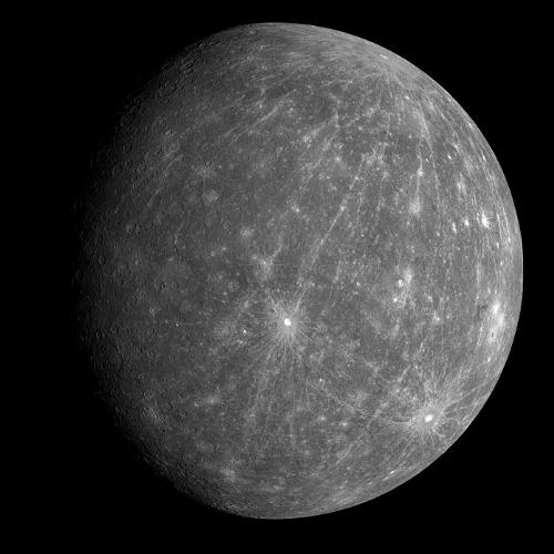 Planet Mercury, 2nd Messenger flyby Oct 2008 - The NASA spacecraft Messenger has made its second flyby of the smallest planet in the Solar System and the one closest to the Sun, Mercury. Passing very close to the surface of planet. The bright crater Kuiper is near the center and slightly below. This was identified in the 1970's by the Mariner 10 spacecraft. Read more and see more images at the Messenger website. http://messenger.jhuapl.edu/gallery/sciencePhotos/view.php?gallery_id=2