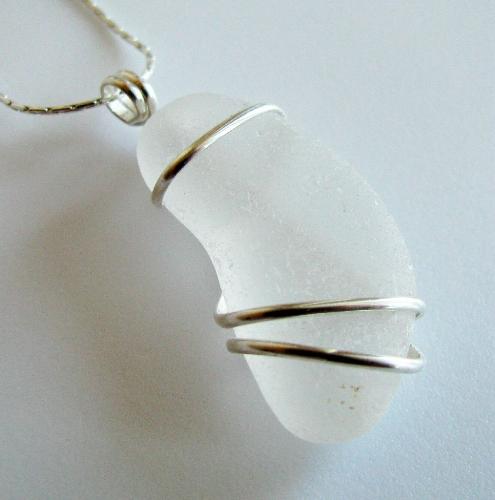 Frosty White Sea Glass Necklace Pendant - My very first attempt at wire-wrapping a piece of sea glass. This beautiful frosty white/clear gem was found by my 5 yo on the beach this summer and I just placed this piece in my shop on Etsy.