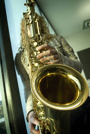 close saxophone - closeup of the bottom end of a saxophone