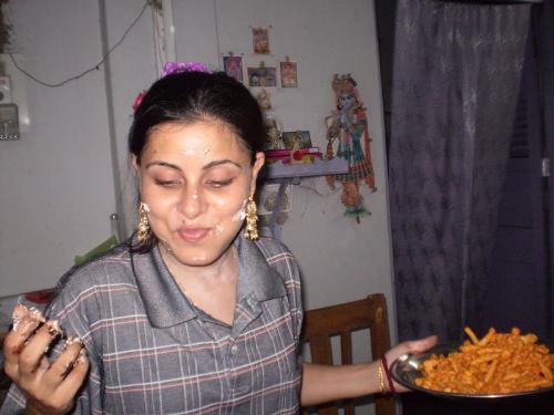 my girl friend with cream on her face... - happy birthday to you...
