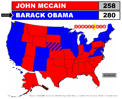 McCain-Obama Survey - Blue-colored states indicates Obama is leading in surveys while the red states shows McCain as leading.