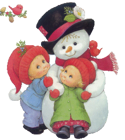 a snowman with a black hat with two children that - a snowman with a black hat with two children that have red caps