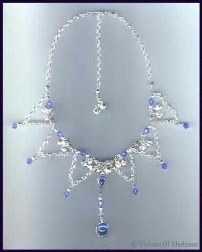 Victorian belly dance necklace - silver chain, blue crystal beads and silver mini bells.