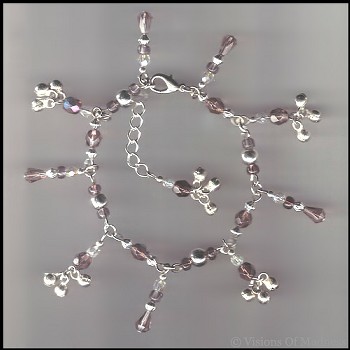 lavender and silver chain bracelett - bells,crystal beads & silver chain.