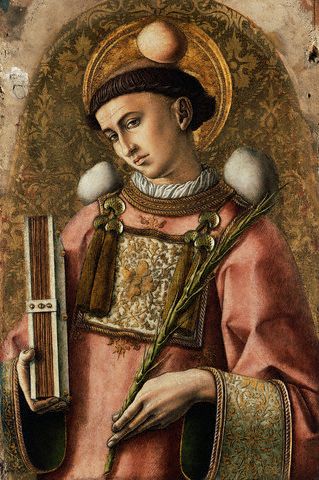 Saint Stephen - Saint Stephen, depicted by Carlo Crivelli in 1476 with three stones and the martyrs' palm. He is depicted with the clerical tonsure, vested in a dalmatic and holding a Gospel Book in his right hand.
