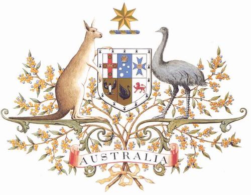 Australia's Coat of Arms - The Kangaroo and the Emu are the bearers of the shield which contains the badges of all six states.
