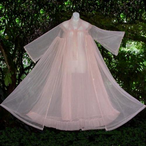 Rare Double Chiffon, Vintage Nightgown and Peignoi - This vintage peignoir set is to die for! :))  These sets are becomming darn near impossible to find and especially in this SUPERB condition!  DOUBLE LAYERS of soft and sheer 100% Nylon Chiffon and is now available! http://gurlz.ecrater.com