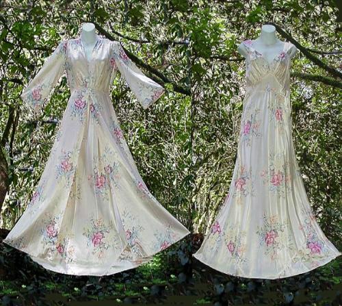 Incredible and Rare Vintage Rayon Satin Nightgown  - Wow! These rayon satin pieces in a matching set are extremely rare, but add to that in a FLORAL PRINT and you have ULTRA RARE!  If you ever find any of these rare beauties, they are usually in peachy pink or ivory colors, NEVER do you find this stunning floral!  A fabulous matching nightgown and peignoir set composed of 100% rayon satin, in a floral print, from the 1920's to 1930's and it's now available! http://gurlz.ecrater.com
