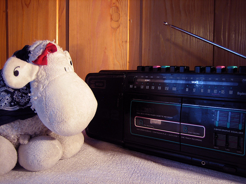 I'm a living thing for a day - A stuff toy listening to his favorite tune through a radio.