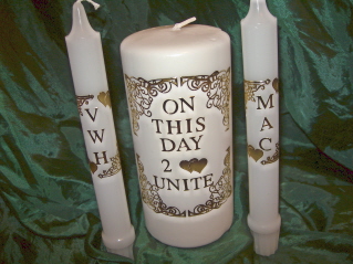 Custom Made Unity Candles - This is a set of custom made unity candles I made to show as a sample. I made a set similar to this for my daughter when she got married. It was a heck of a lot cheaper than buying them.