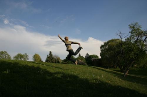 Jumping - If you look at this photo in maximum resolution, you'll seehe is aiming for an airplane in the sky ;)