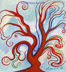 Painting of Red Tree and blue Clouds by Nina Kuril - I created this painting in gouache on paper. It measures 5.5 x 5 inches. Painting of Red Tree and blue Clouds by Nina Kuril - I created this painting in gouache on paper. It measures 5.5 x 5 inches.