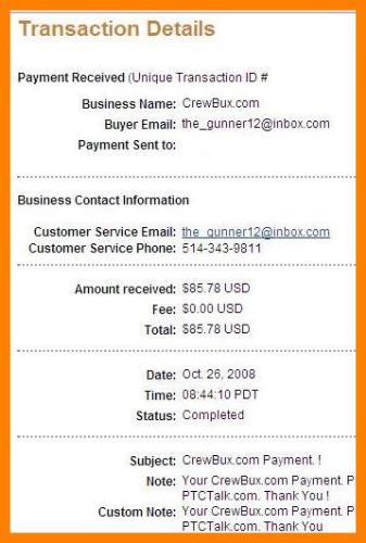 Crewbux Payment Oct 26, 2008 - PayPal Payment received today, Oct 26, 2008. 