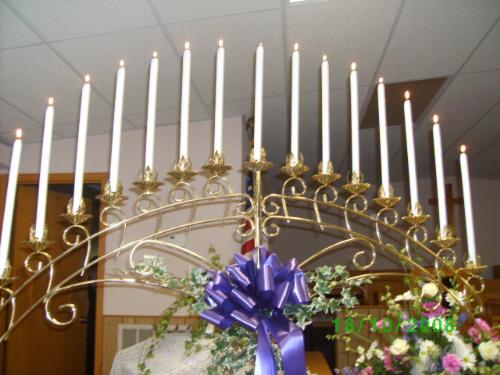 Wedding candleabra - The candleabra the we used at my daughter's wedding. It is decorated and lit.
