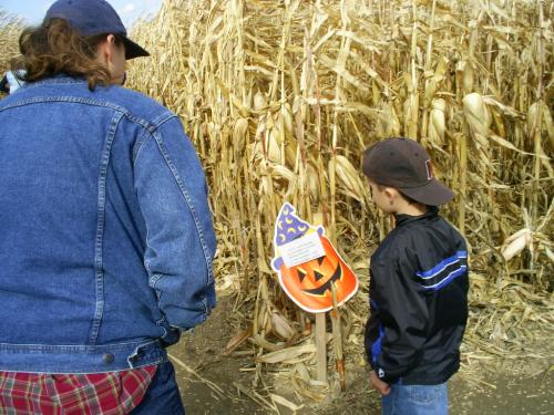 Reading the sign - Here is my son and I, reading one of the signs in the corn maze.