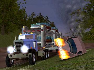 Accident in 18 wheels of steel across america - This photo shows the accident in the game 18 wheels of steel across america. the lorry face clearly shows that it get damaged more. the car is rotaded 90 degree