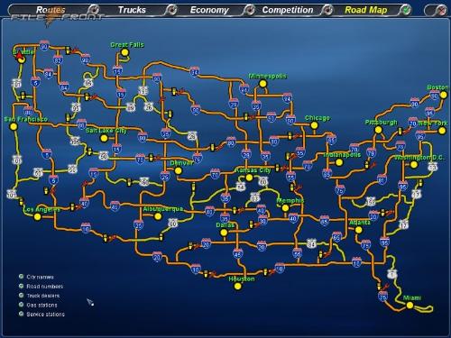 MAP of 18 wheels of steel across america - This photo is the map, which is used in the game 18 wheels of steel across america, this map consists of the all major cities on america and the road map in which the two cities are conected along with the road number. This map along with road it shows the mechanic shop, fuel filling shoop, truck shop