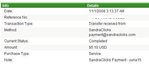 Sandra Clicks Payment Proof - This is my payment proof for Sandra Clicks dated Nov. 1 2008