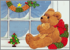 a brown bear sitting in A CHRISTMAS WINDOW - a brown bear sitting in a christmas window