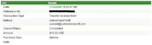 first payment from subvert and profit - my first payment from Subvert and Profit