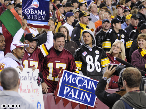 Redskins Loss - The Redskins loss Monday night may have predicted an Obama win. They were crushed by the Steelers 23-6. That&#039;s why the Redskins fan holding up the Obama sign is cheering even though his Redskins lost the game! 