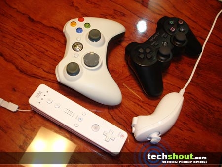 Game Controllers - In the image, we could see the controller of Microsoft's X-Box 360, Sony's PlayStation 3 as well as Nintendo's Wii.