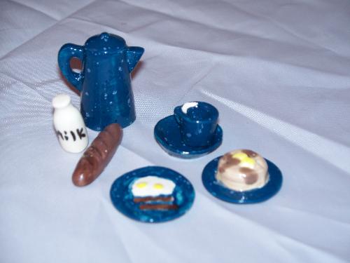 dollhouse breakfast set - all done in ceramics handcrafted.