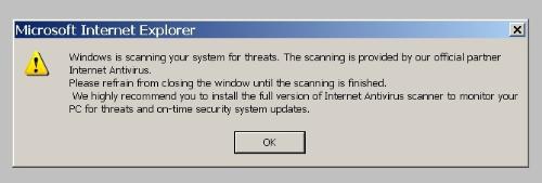 Internet Antivirus Virus - If this pops up while you're on the web, DON'T CLICK the OK button. It is a virus courtesy of Iascan-pro.com. If you click the OK button, that's when the infection starts. Best thing to do is to close your browser, scan your PC, and clean up all tracking cookies. Bottomline: look before you click. Hope this is of help to you.
