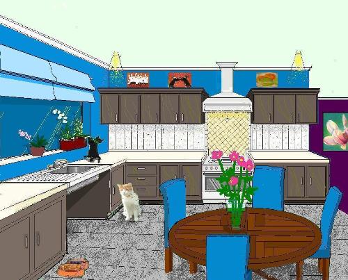 tattylashes Kitchen 3 - tattylashes Kitchen 3. gray flooring pale - check, blue walls - check dining table and chairs -- check black cupboards -- check pale blue blinds, -- check.