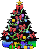 a decorated christmas tree with presents under it  - a decorated christmas tree with presents under it and red bows