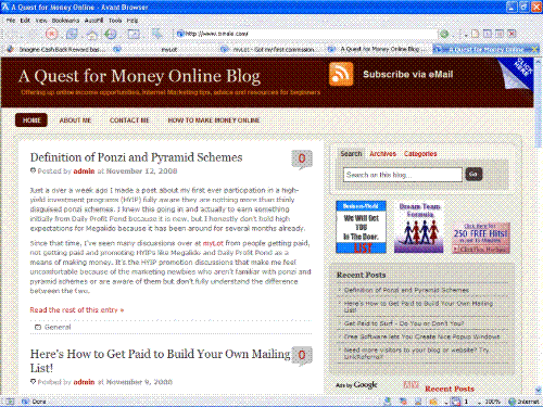 A Quest for Money Online Blog - A screenshot of my blog