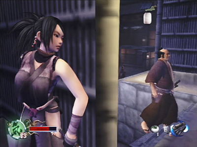 Tenchu Fatal Shadows - In the image, you see Ayame waiting for the right moment to strike.
In a time of feudal wars, Rikimaru and Ayame, two ninjas of the Azuma clan, served Lord Gohda by returning his precious daughter, Kiku, from the hands of Lord Mei-Oh. Unfortunately, Rikimaru was caught in a disastrous rockfall during his escape, in an attempt to save Ayame and Kiku, and is still missing. The land of Gohda remained peaceful after Mei-Oh's attack, and Ayame, as an agent of Gohda, continued to patrol the expansive territory.
One day in her travels, Ayame came across a destroyed ninja village. She hoped to find survivors, but arrived too late. The ninjas of Hagakure died whispering the "Kuroya" with their final breaths. As Ayame was about to leave, a young female ninja stood in her way. Her name was Rin, back from her training, and devastated to see her village in ruins. She sees Ayame as the only person alive, and blames her for the destroying of her village. Eventually, Rin sees that it was not Ayame that destroyed her village. The two team up to find the people responsible
- answers.com Tenchu Fatal Shadows - In the image, you see Ayame waiting for the right moment to strike.
In a time of feudal wars, Rikimaru and Ayame, two ninjas of the Azuma clan, served Lord Gohda by returning his precious daughter, Kiku, from the hands of Lord Mei-Oh. Unfortunately, Rikimaru was caught in a disastrous rockfall during his escape, in an attempt to save Ayame and Kiku, and is still missing. The land of Gohda remained peaceful after Mei-Oh's attack, and Ayame, as an agent of Gohda, continued to patrol the expansive territory.
One day in her travels, Ayame came across a destroyed ninja village. She hoped to find survivors, but arrived too late. The ninjas of Hagakure died whispering the "Kuroya" with their final breaths. As Ayame was about to leave, a young female ninja stood in her way. Her name was Rin, back from her training, and devastated to see her village in ruins. She sees Ayame as the only person alive, and blames her for the destroying of her village. Eventually, Rin sees that it was not Ayame that destroyed her village. The two team up to find the people responsible
- answers.com