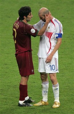 Figo and Zidane - Portugal vs france, figo vs zidane, real madrid mates(in that time). Two football genius capable to change the game by themselves.