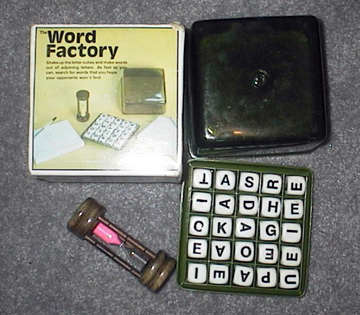 Boggle - Word Factory - Boggle is a word game designed by Allan Turoff and trademarked by Parker Brothers / Hasbro, Inc.   Rules The play begins by randomizing a tray of sixteen cubic dice. Each die has a different letter printed on each of its sides. The dice settle into a four by four tray such that only the top letter of each cube is visible. After they have settled into the grid, a three-minute timer is started and all players simultaneously begin the main phase of play.  Each player searches for words that can be constructed from the letters of sequentially adjacent cubes. Here, the meaning of 'adjacent' includes the horizontally, vertically, and diagonally neighboring cubes. Words must be at least three letters long, may include singular and plural (or other derived forms) separately, but may not use the same letter cube more than once per word. Each player records all the words he finds by writing on his private sheet of paper. After three minutes have elapsed, all players must stop writing and the game enters the scoring phase.  In the scoring phase, each player reads off his or her list of discovered words. If two or more players wrote the same word, it is discarded from all players' lists. Any player may challenge the validity of a word, in which case a previously nominated dictionary is used to verify or refute the word. For all words remaining after duplicates have been eliminated, points are awarded based on the length of the word. The winner is the player whose point total is highest. Any ties are typically broken by count of long words.  Note that one cube is printed with QU. This is because Q is (almost) always followed by U in English words. If there were a Q in Boggle, it would have to appear next to a U to be usable. To give players a chance to use the Q more frequently, QU is provided as a single letter tile. However, for the purposes of scoring QU counts as two letters: squid would score two points (for a five-letter word) but is formed from a chain of only four cubes.  The North American National Scrabble Association publishes the Official Scrabble Players Dictionary (OSPD), which is also suitable for Boggle. This dictionary includes all variant forms of words up to eight letters in length. A puzzle book entitled 'Improve Your Boggle' offering 100 game positions was published in the UK in 2003 but is no longer in print.   - answers.com