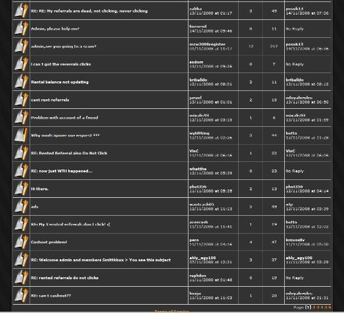 smithbux forum screen shot - This is a screen shot of the forum posts made by the members. As you can see a lot of them have payment issues and issues with their referrals as well.