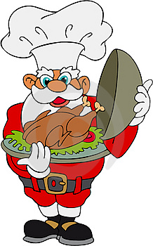 Santa with Turkey - It&#039;s a picture of Santa Claus holding a turkey on a plate. He is smiling and the turkey is steaming with Thanksgiving-y goodness. He is wearing a chef&#039;s hat and his usual Santa outfit. He is kind of off-looking, probably because it&#039;s a picture by someone else.