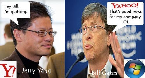 Conversation of Jerry Yang and Bill Gates - Yahoo's Jerry Yang and Microsoft's Bill Gates is having a fun conversation.