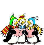 three penguins in scarfs and hats singing songs wi - three penguins in scarfs and hats singing songs with their song books