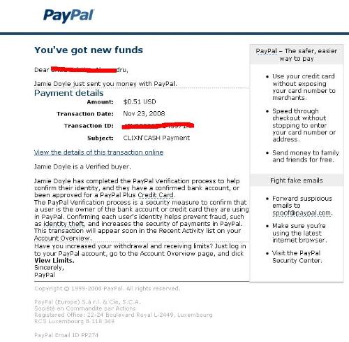 My first payout at clixn'cash - I just received my first payment there of 0,51$ the other day.