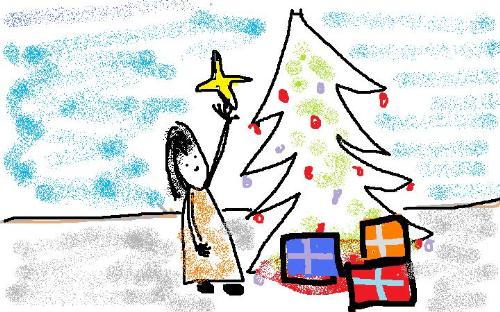 Chrismas Decorating is Fun - this is a quick scribbling of a little girl putting finishing touches on her christmas tree.